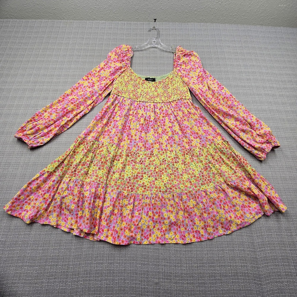 VICI Dress Womens Small Multicolor Floral Smocked Long Sleeve Boho Trapeze Swing - Picture 1 of 12